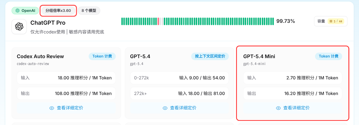 模型广场中某分组的倍率标签,以及该分组下各模型已含倍率的输入输出单价